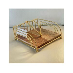 NWT Gorgeous Modern Gold Metal with Rustic Wood Base Napkins Holder Minimalist